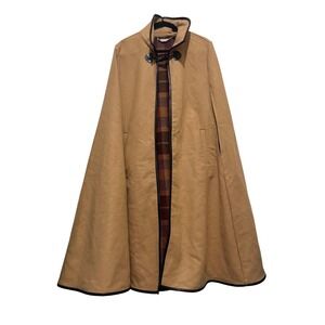 Soft Surroundings Camel Wool Blend Cape L Plaid Interior Pockets Toggle Closure